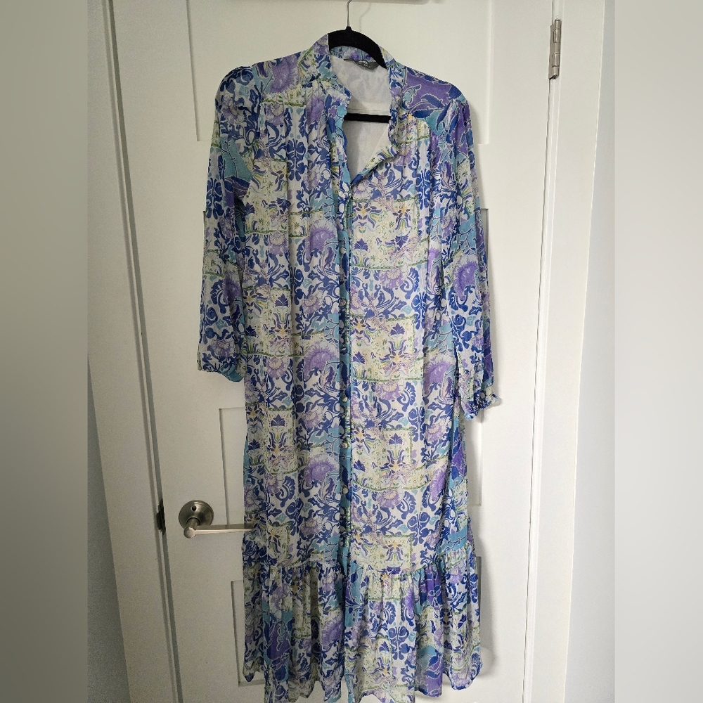 Chic Long Sleeve Floral Dress in Blue and Purple